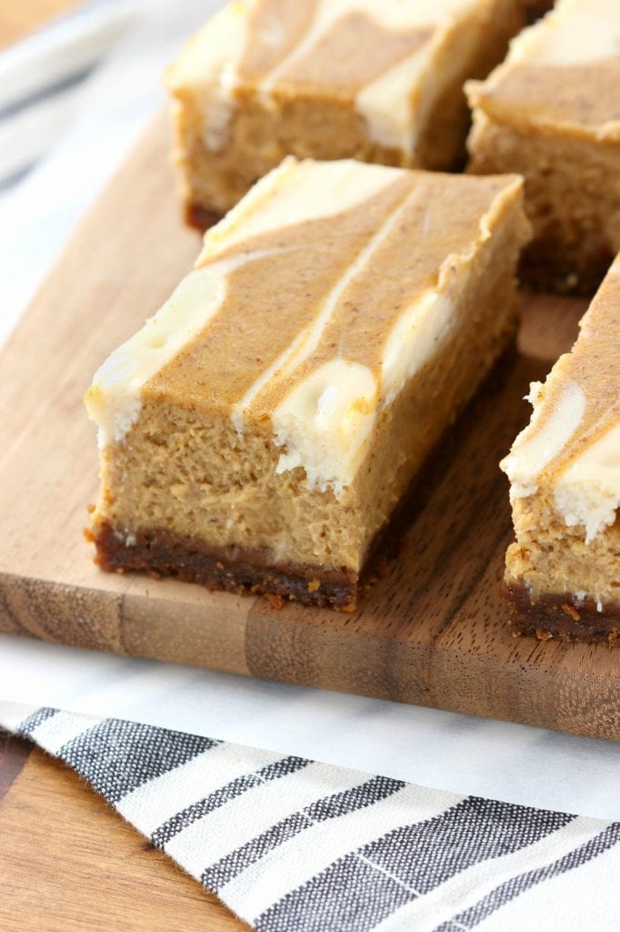 Swirled Pumpkin Pie Cheesecake Bars with Gingersnap Crust - A Kitchen ...